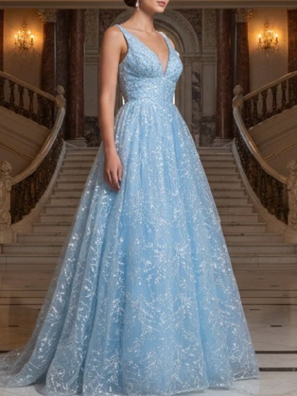 Sherri Hill Light Blue V-Neck Sequin Ball Gown